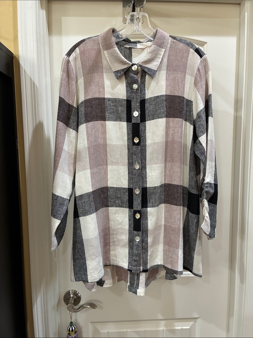 Soft Surroundings, Tan, Black & White Plaid Button-Front Blouse With Faux Zipper